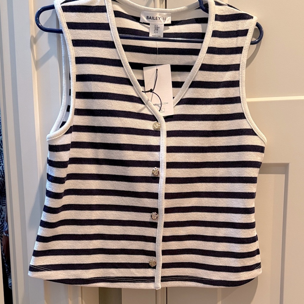 Bailey/44 striped navy top sleeveless V-neck, gold buttons size medium